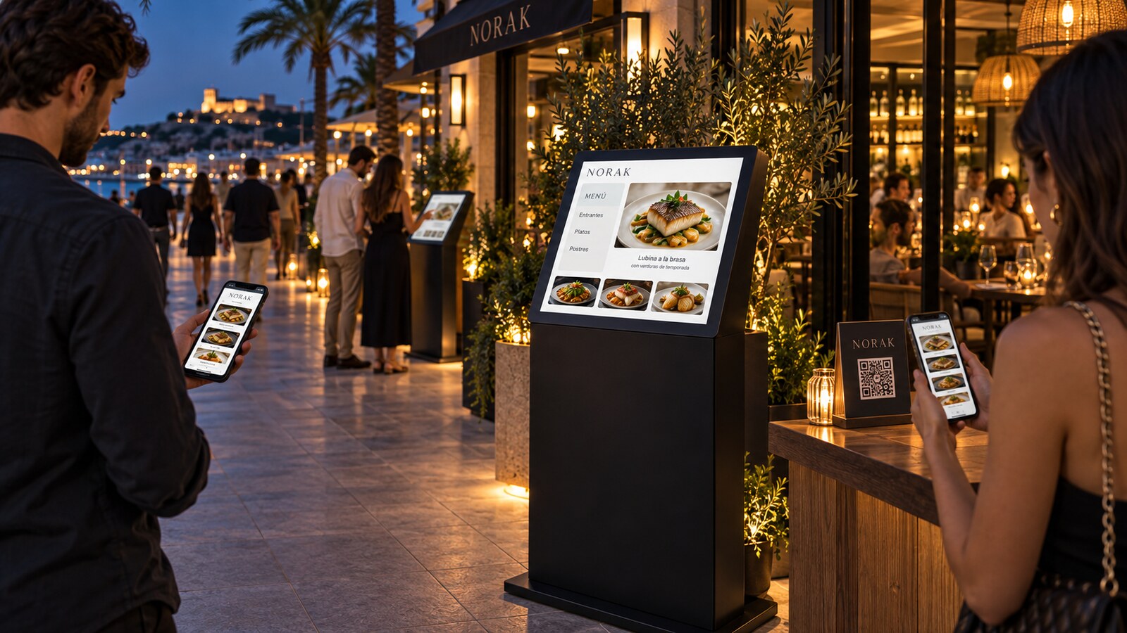 Clientes consultan YATH Menu mediante un atril interactivo, teléfonos móviles y un código QR en un paseo gastronómico.