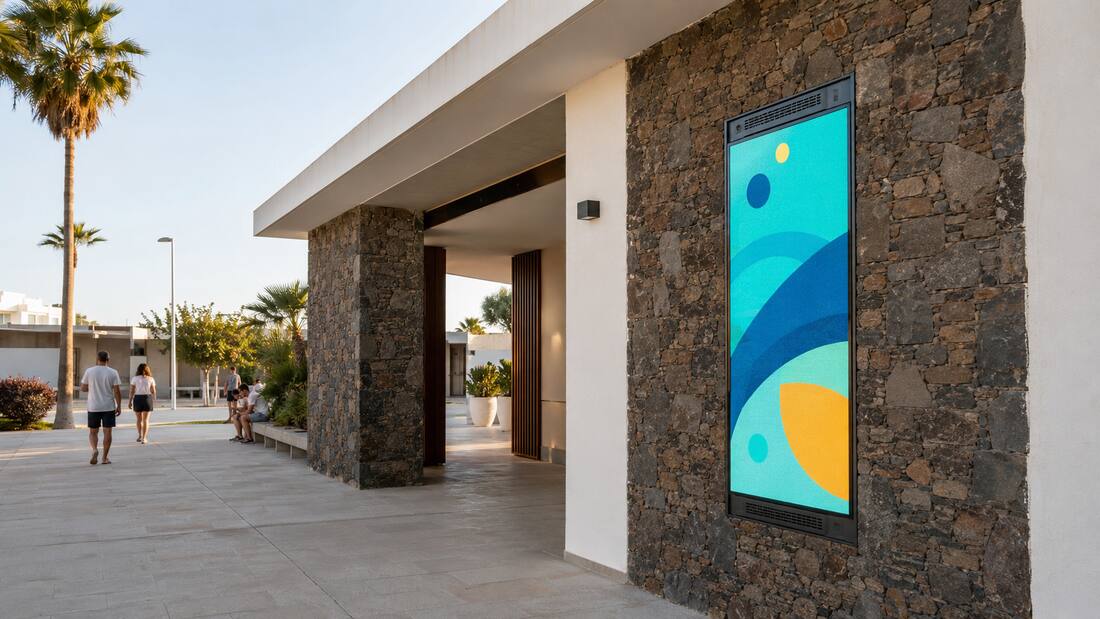Vertical screen integrated into a stone wall