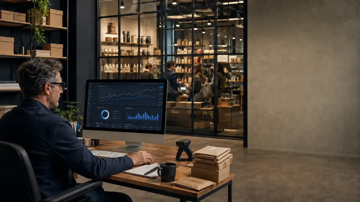 Responsable de un comercio consultando YATH Retail desde su ordenador