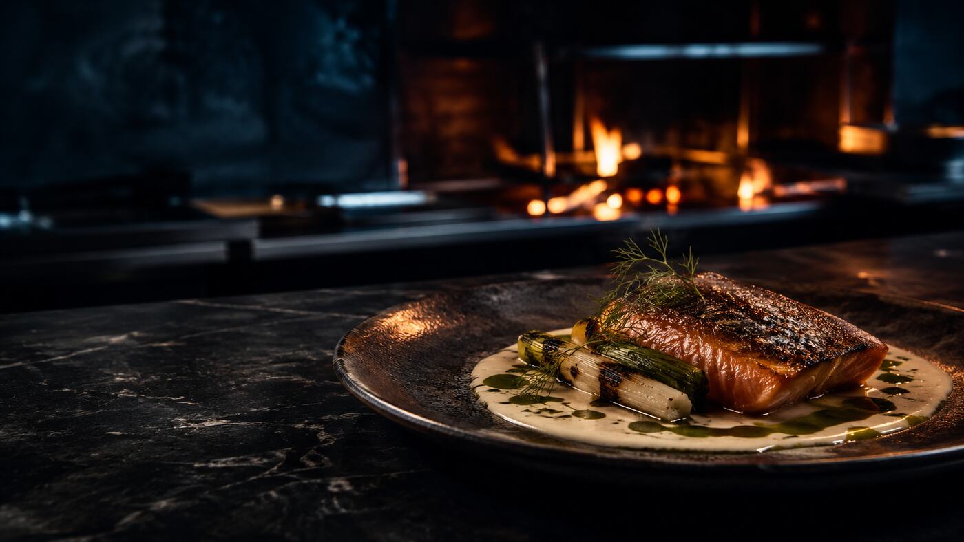 Plato de salmón al fuego en una cocina nórdica